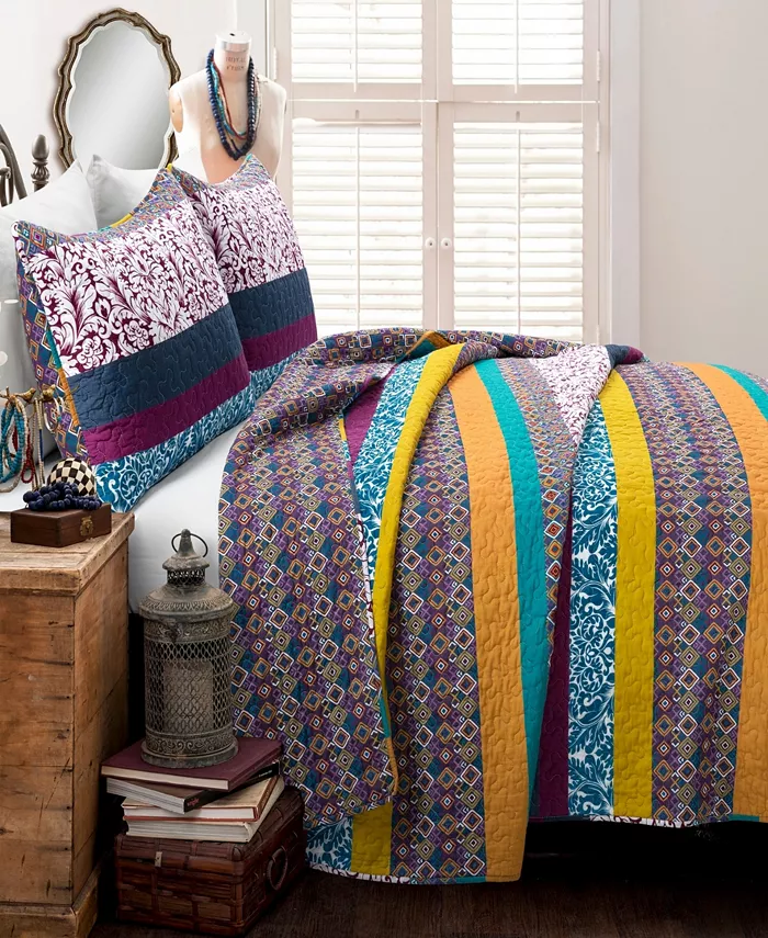 Lush Dandeacute;cor Boho Stripe Reversible Cotton 3-Piece Quilt Set， Full Queen