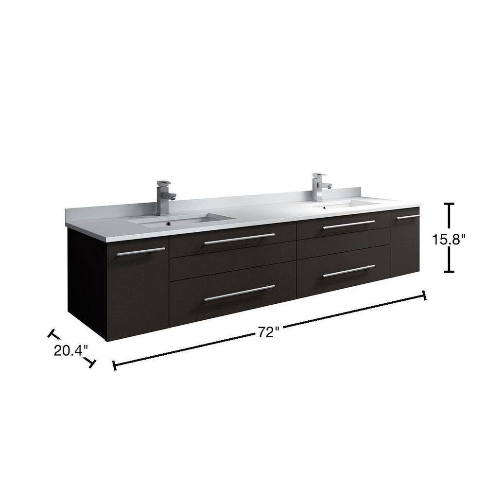 Fresca Lucera 72 in. W Wall Hung Bath Vanity in Espresso with Quartz Stone Double Sink Vanity Top in White with White Basins FCB6172ES-UNS-D-CWH-U