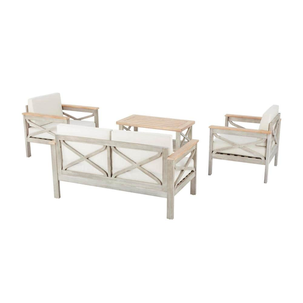 Hampton Bay Coral Crest Weathered Light Teak 4-Piece Wood Patio Conversation Set with Beige Cushions 81986