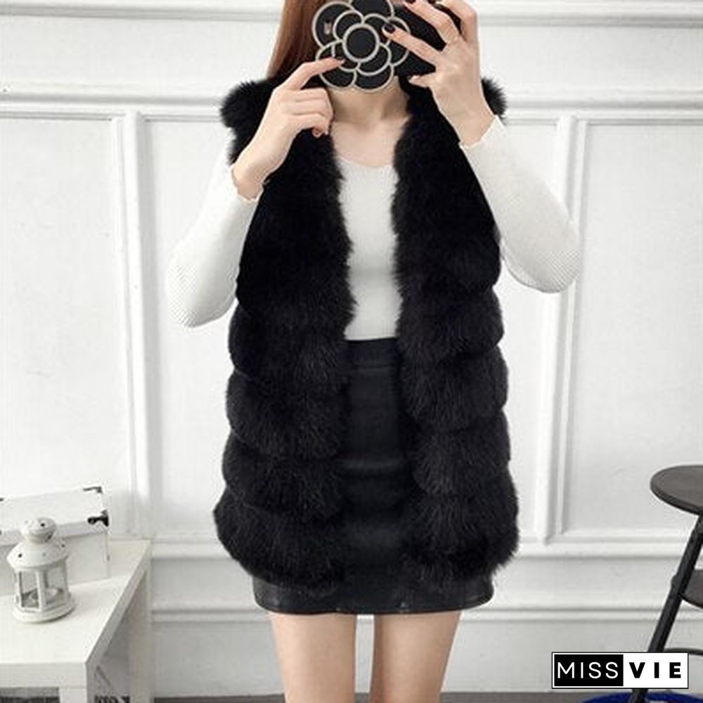 Autumn Winter Faux Fur Coat Women Thick Warm Fur Elegant Sleeveless Long Vest Woman Casual Slim Luxury Thick Warm Fur Jacket