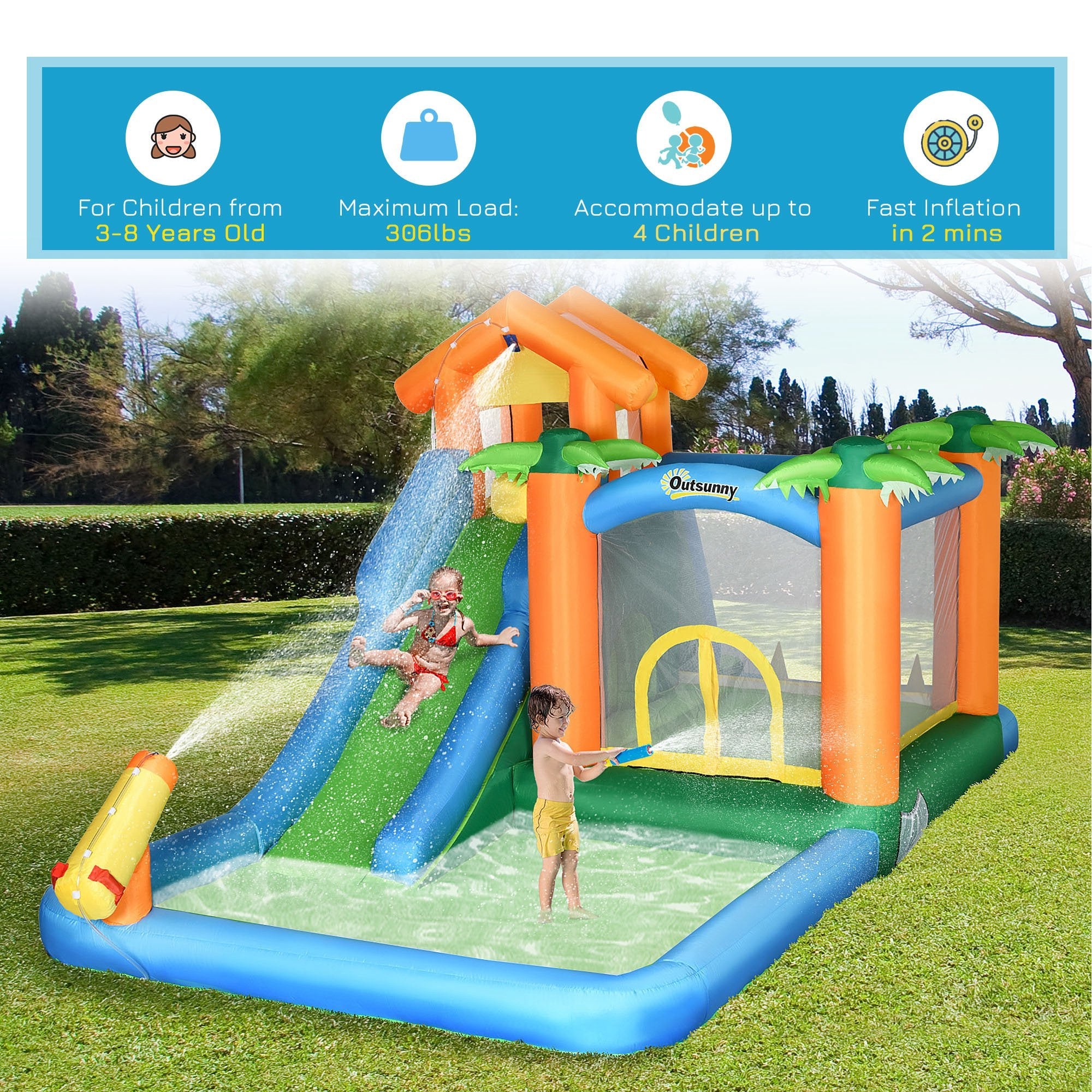 Outsunny 6-in-1 Tropical Inflatable Water Slide Summer Theme Jumping Castle Includes Floating Ball Slide Trampoline Pool Cannon Climbing Wall with Carry Bag, Repair Patches and 450W Air Blower