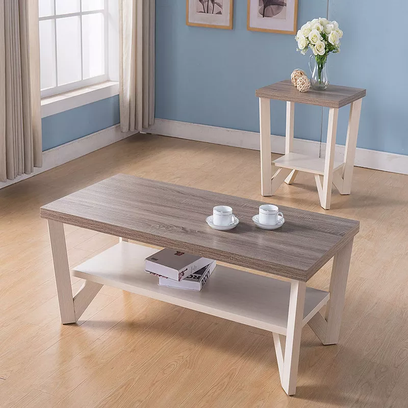 FC Design Ivory and Dark Taupe Coffee Table with Bottom Shelf and V-Shaped Legs