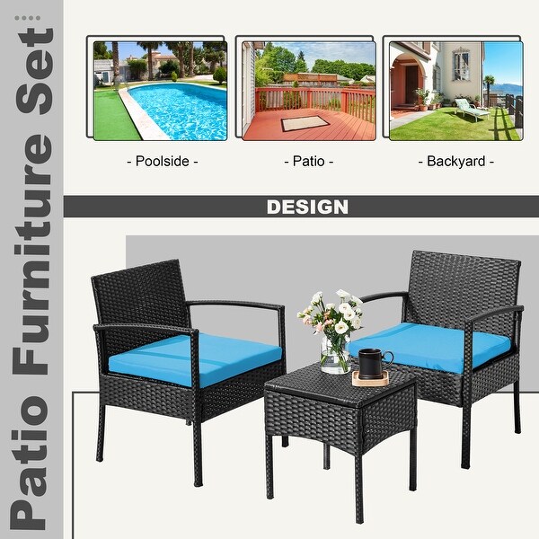 Outdoor Furniture 3 Piece Patio Bistro Furniture Set，Rattan Conversation Chairs Set with Side Table and Cushions