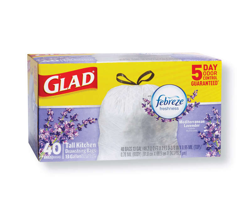 Glad 13 gal Lavender Scent Tall Kitchen Bags Drawstring 40 pk 0.78 mil