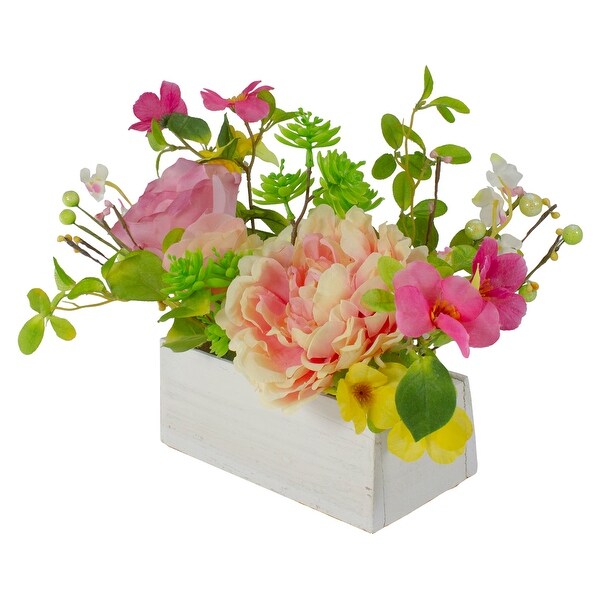 16 Pink White Artificial Spring Floral Foliage Arrangement in Planter