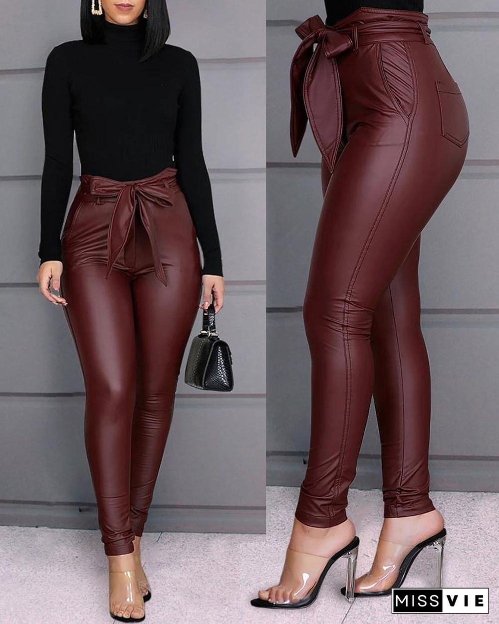 Paperbag Waist Faux Leather Pants P13848