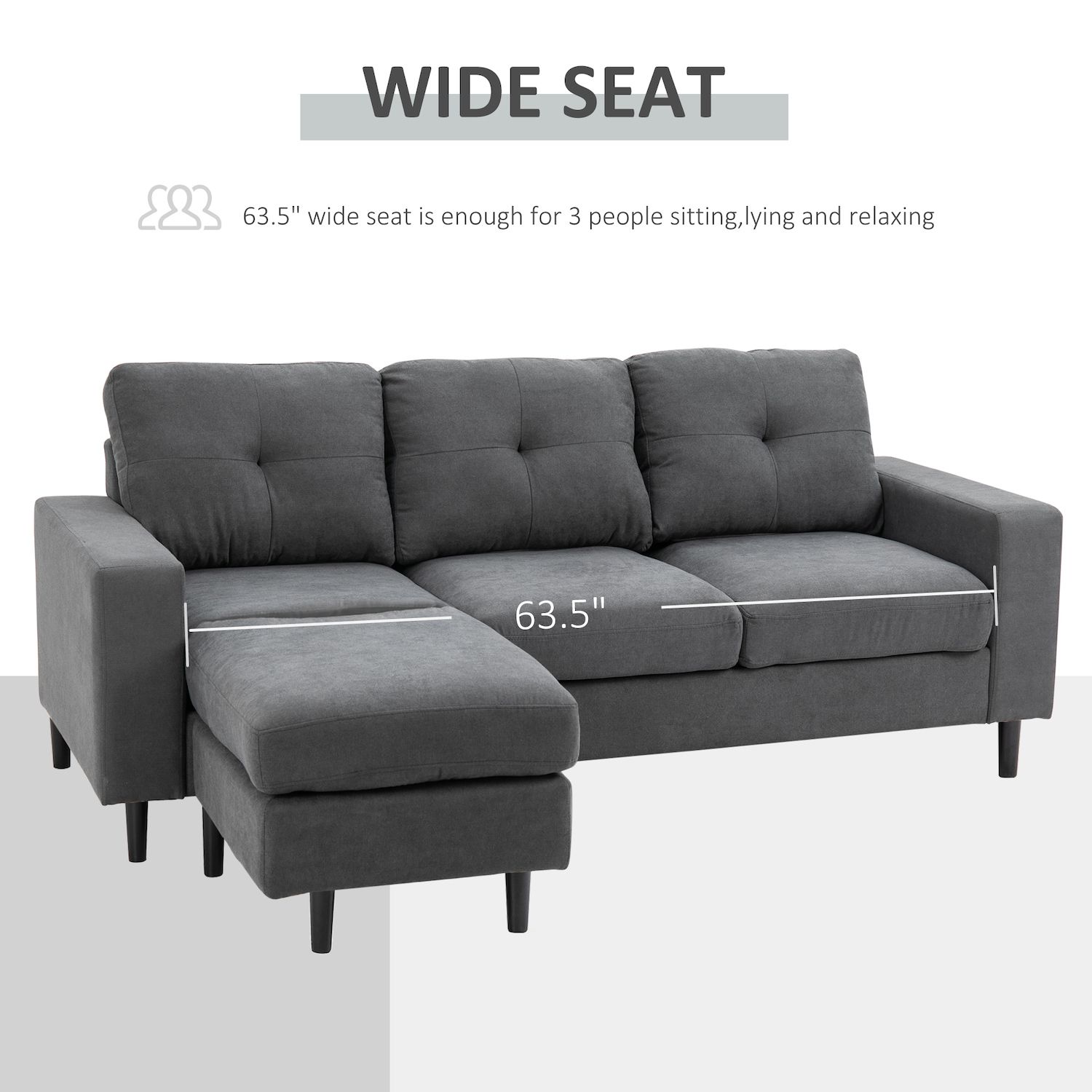 HOMCOM Convertible Sectional Sofa Couch with Reversible Chaise L Shaped Couch with Thick Sponge Cushions for Small Space Dark Grey