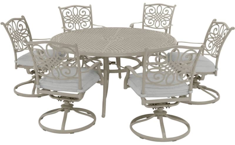 Hanover Traditions 7-Piece Outdoor Dining Set In Sand/Beige With 6 Swivel Rockers， 60 Round Cast Table