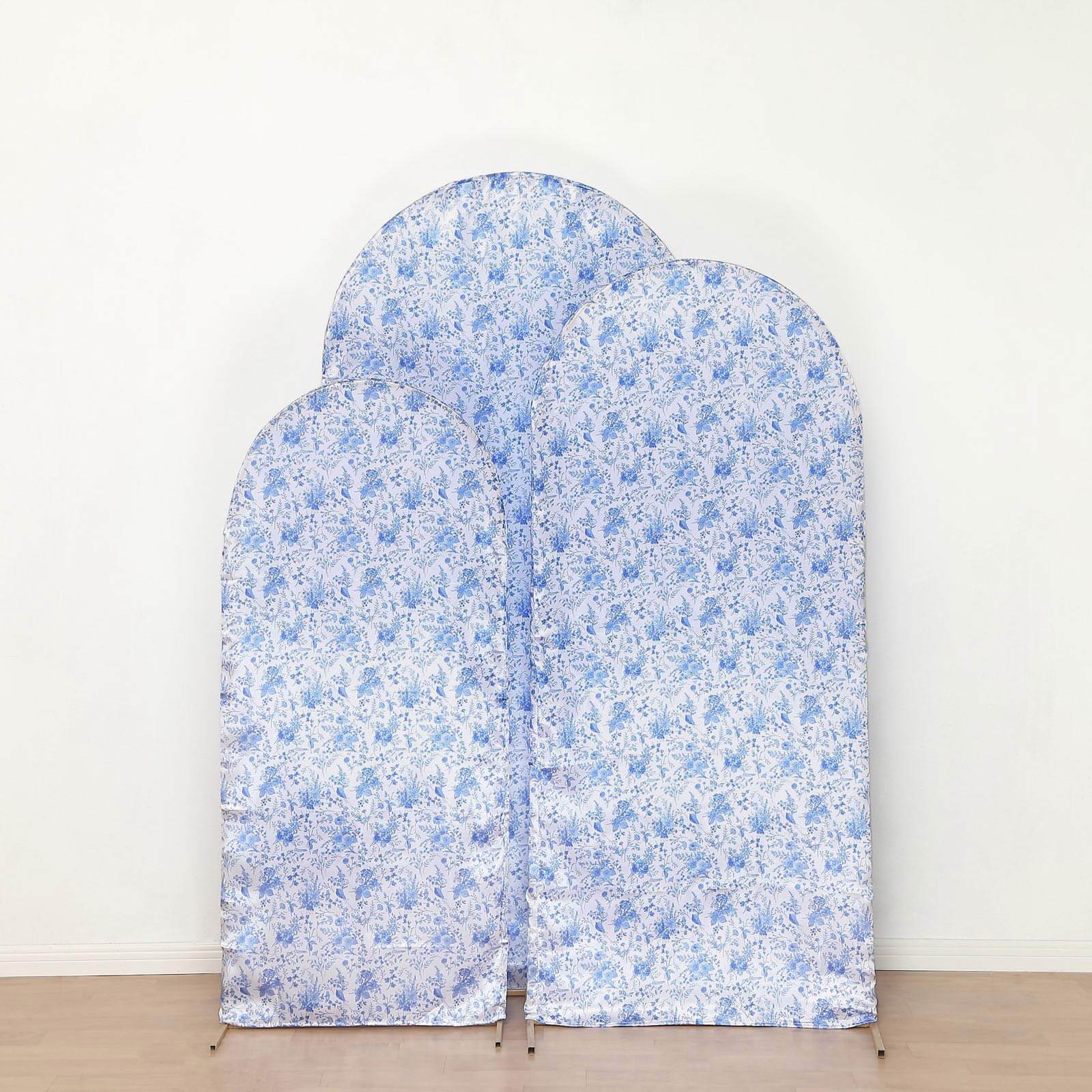 Set of 3 White Blue Satin Chiara Backdrop Stand Covers in French Toile Floral Pattern, Fitted Covers For Round Top Wedding Arches - 5ft,6ft,7ft