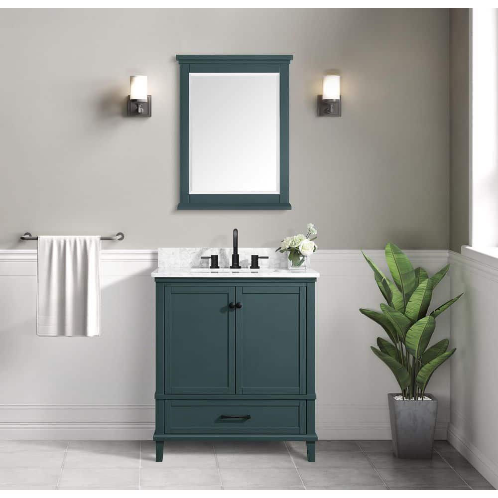 Home Decorators Collection Merryfield 31 in W x 22 in D x 35 in H Bathroom Vanity in Antigua Green with Carrara White Marble Top