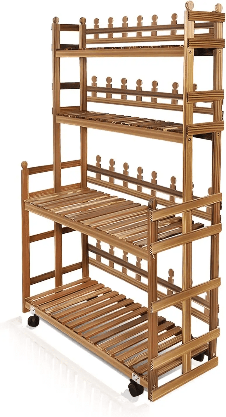 Magshion 42" Carbonized Wooden 4-Tier Storage Shelves Flower Pot Stand Rolling Plant Rack