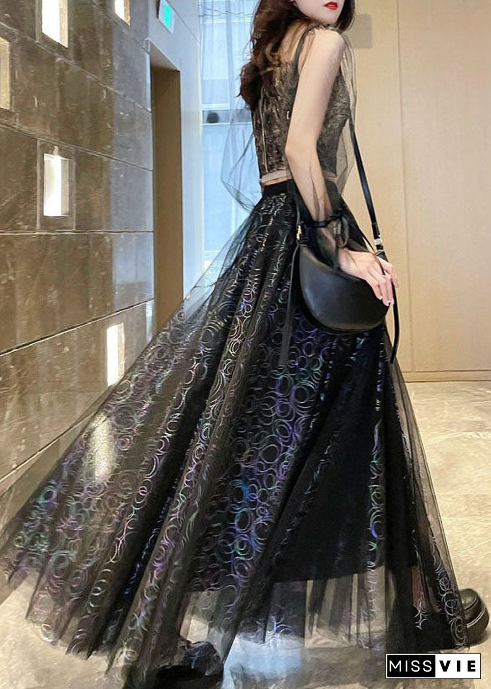 Stylish Black Wrinkle Patchwork Print Tulle Skirts Spring