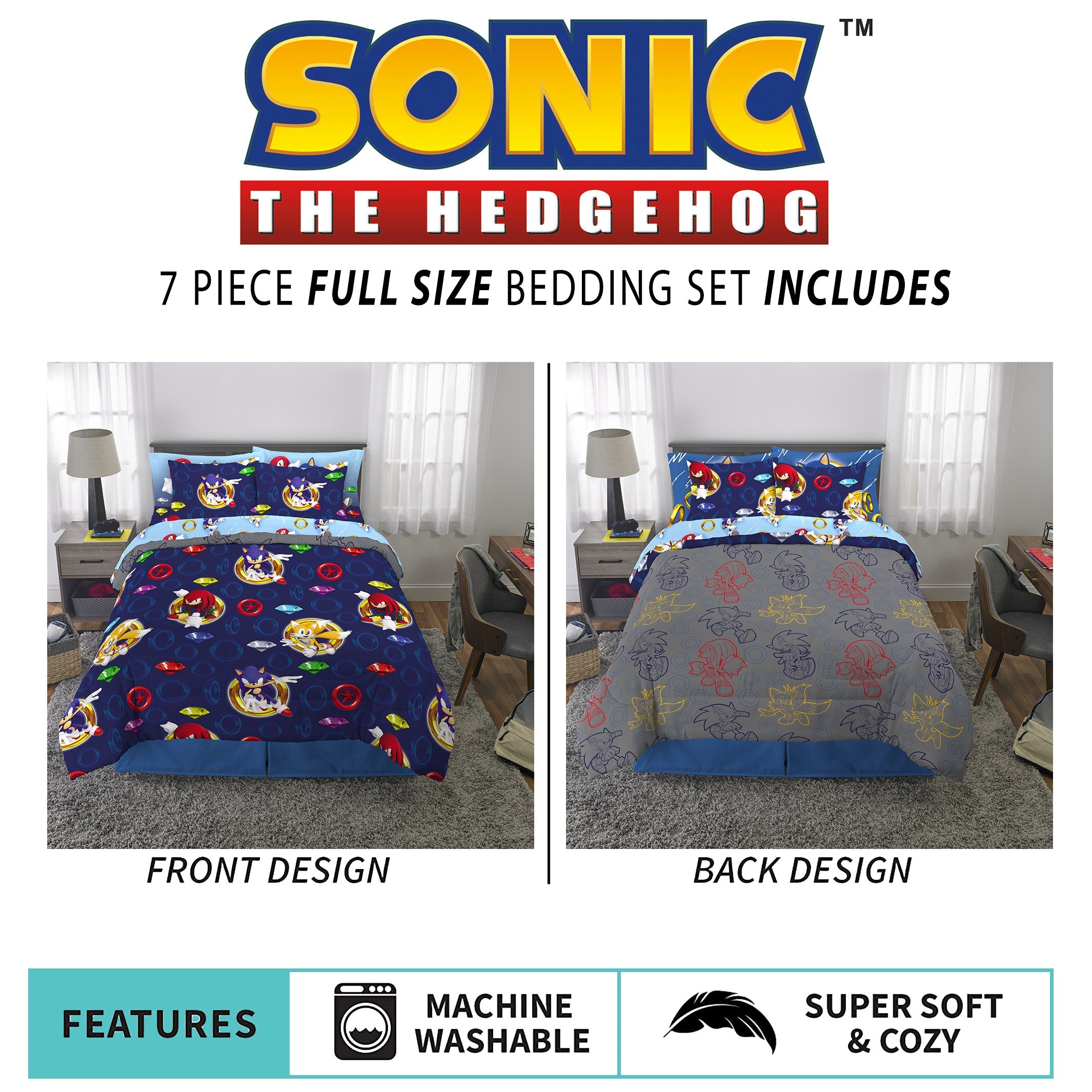 Sonic the Hedgehog Kids Full Bed in a Bag, Gaming Bedding, Comforter Sheets and Sham, Blue