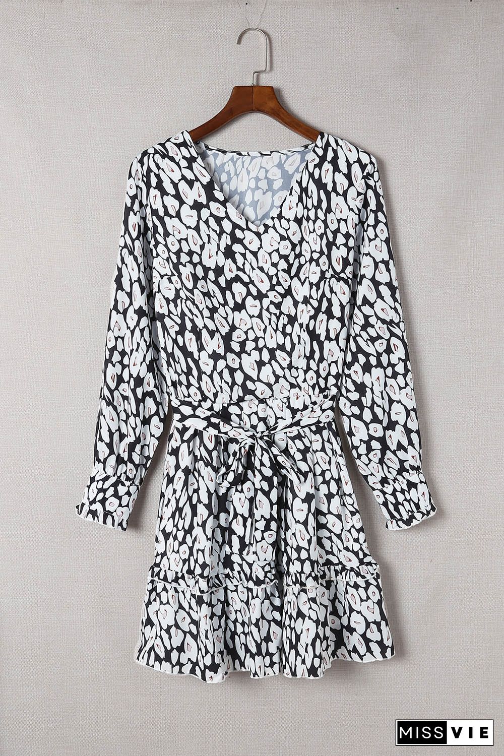 Leopard Leopard V Neck Long Sleeve A-line Dress