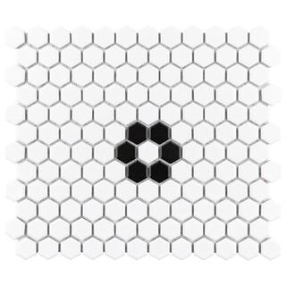 Merola Tile Metro 1 in. Hex Matte White with Single Flower 10-14 in. x 11-78 in. Porcelain Mosaic Tile (8.6 sq. ft.Case) FXLM1HMF