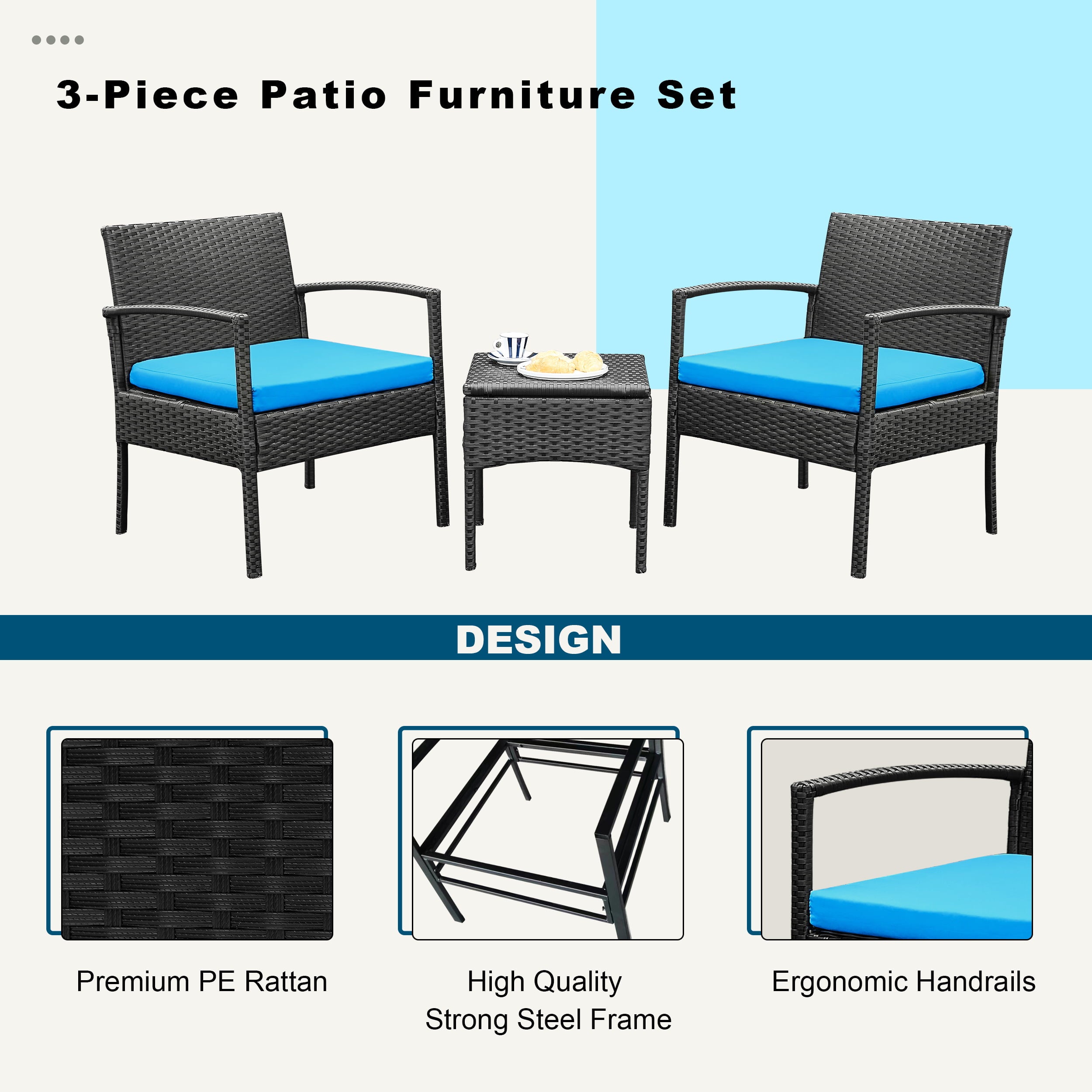 3 Piece Front Porch Patio Furniture Bistro Set， Outdoor Conversation Chairs and Table Set with Cushions， All Weather Garden Furniture for Balcony Pool Backyard Lawn， Blue