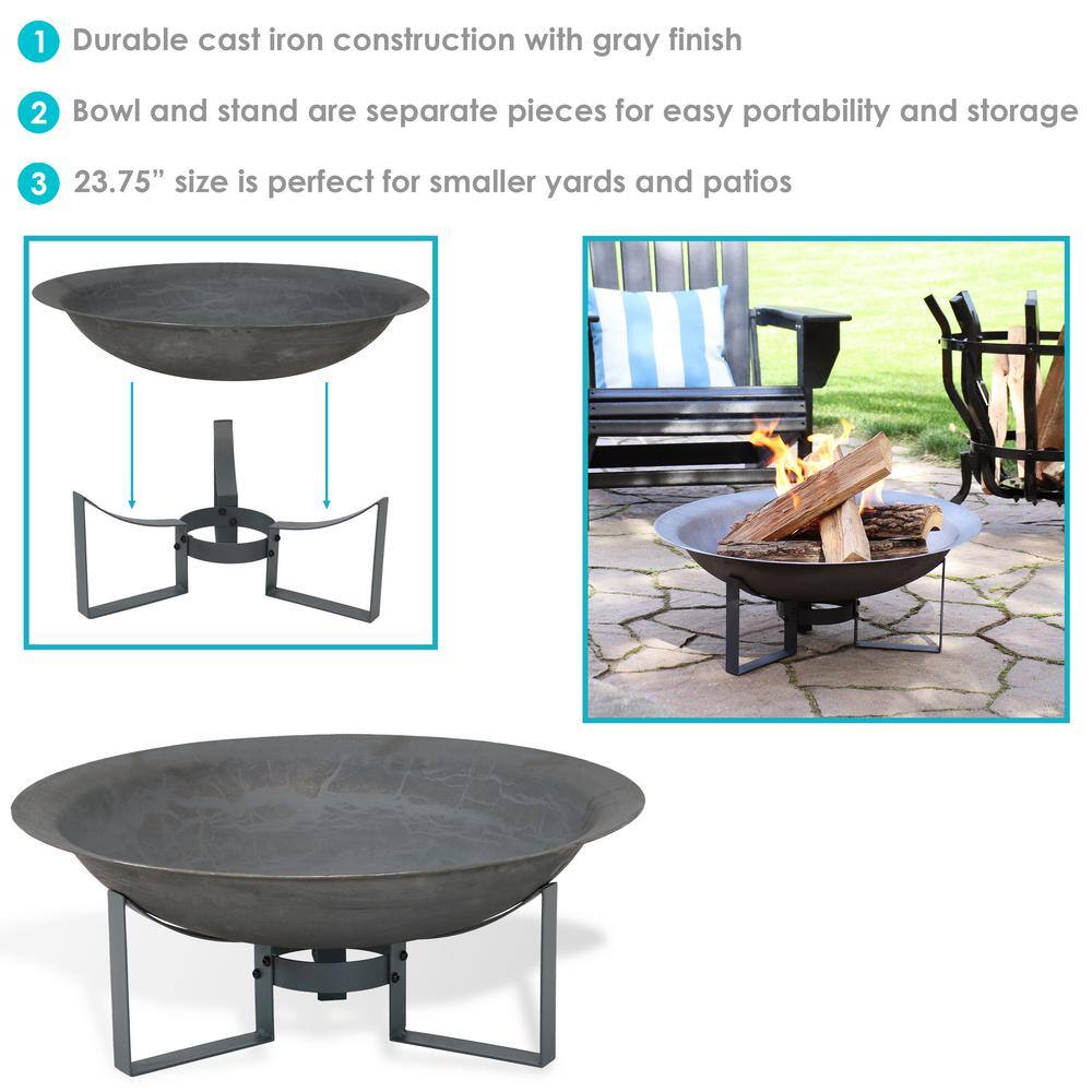 Sunnydaze Decor 23 in. x 8.5 in. Round Cast Iron Wood Modern Outdoor Fire Pit Bowl in Gray with Stand RCM-LG526