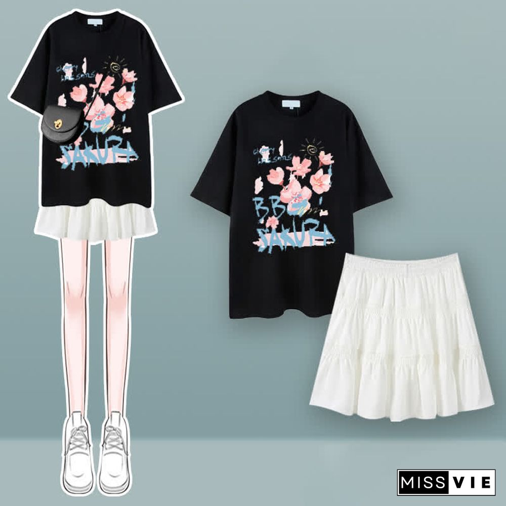 Tulip Cherry Blossom Print T-Shirt Pleated Skirt Two Pieces Set