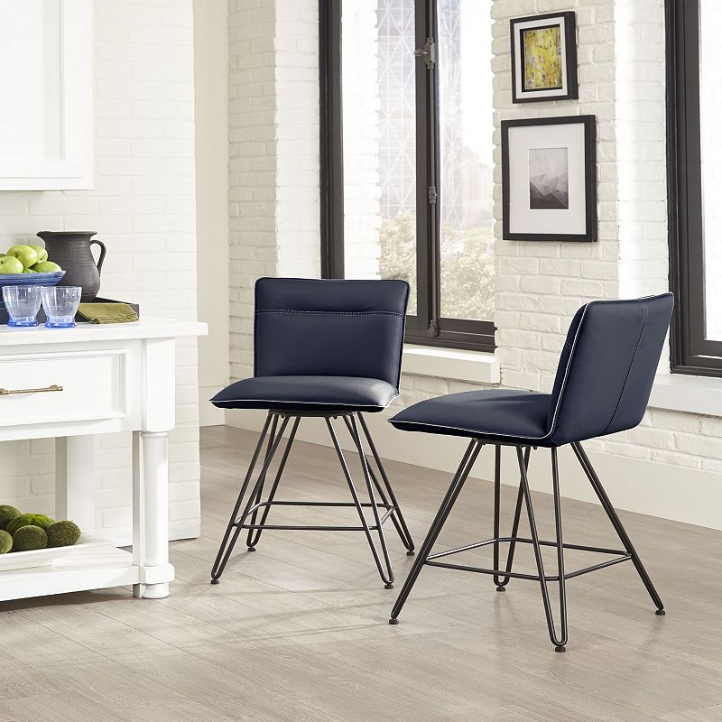 Metal Leather Upholstered Counter Height Stool with Hairpin Style Legs Set of 2， Blue and Black