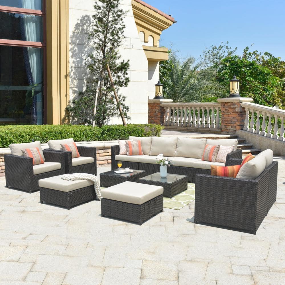 OVIOS King 12-Piece Big Size Wicker Outdoor Patio Conversation Seating Set with Sunbrella Beige Cushions KF204