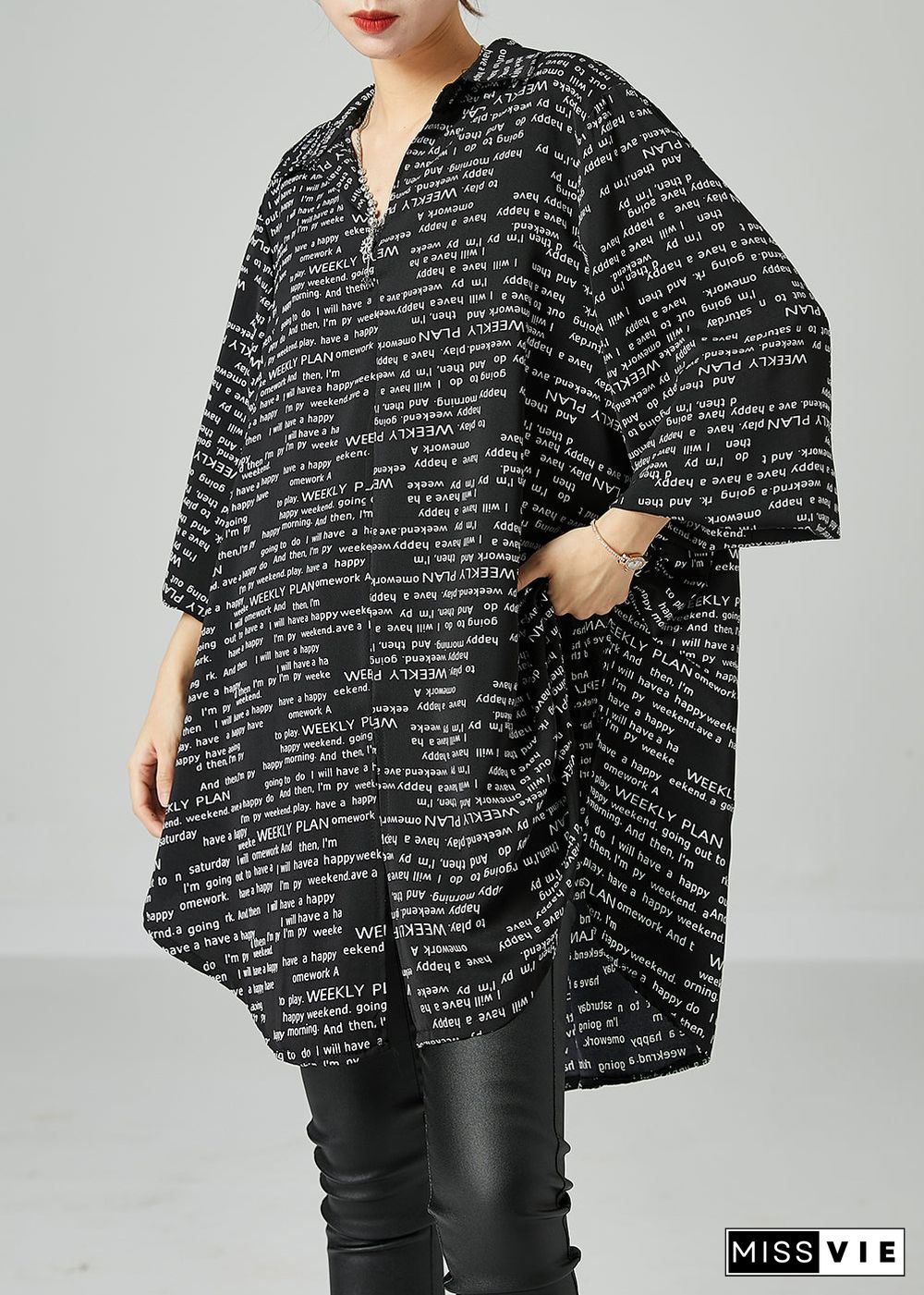 French Black Oversized Letter Print Chiffon Shirt Dress Spring