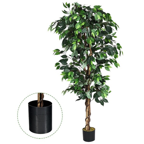 Costway 4 Feet/6 Feet Artificial Ficus Silk Tree Wood Trunks Green