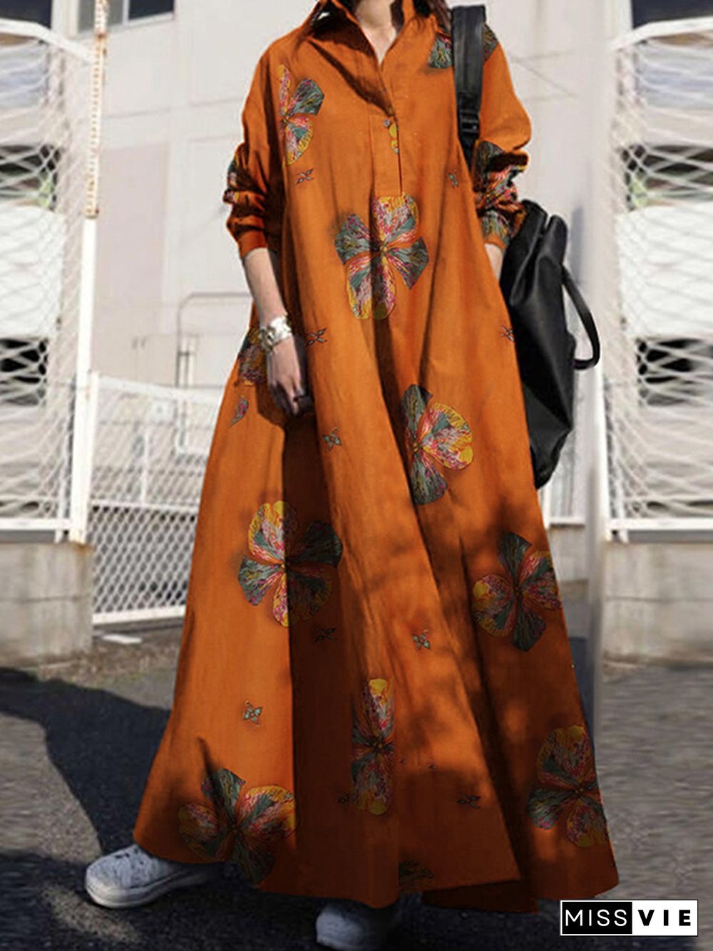 Vintage Floral Printed Big Swing Long Sleeve Pure Cotton Dress