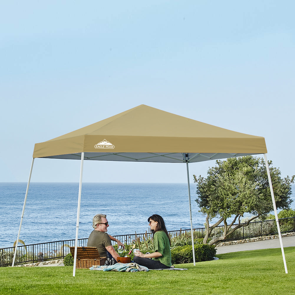 EAGLE PEAK 10' x 10' Slant Leg Pop-up Canopy Tent Easy One Person Setup Instant Outdoor Canopy Folding Shelter with 64 Square Feet of Shade (Beige)