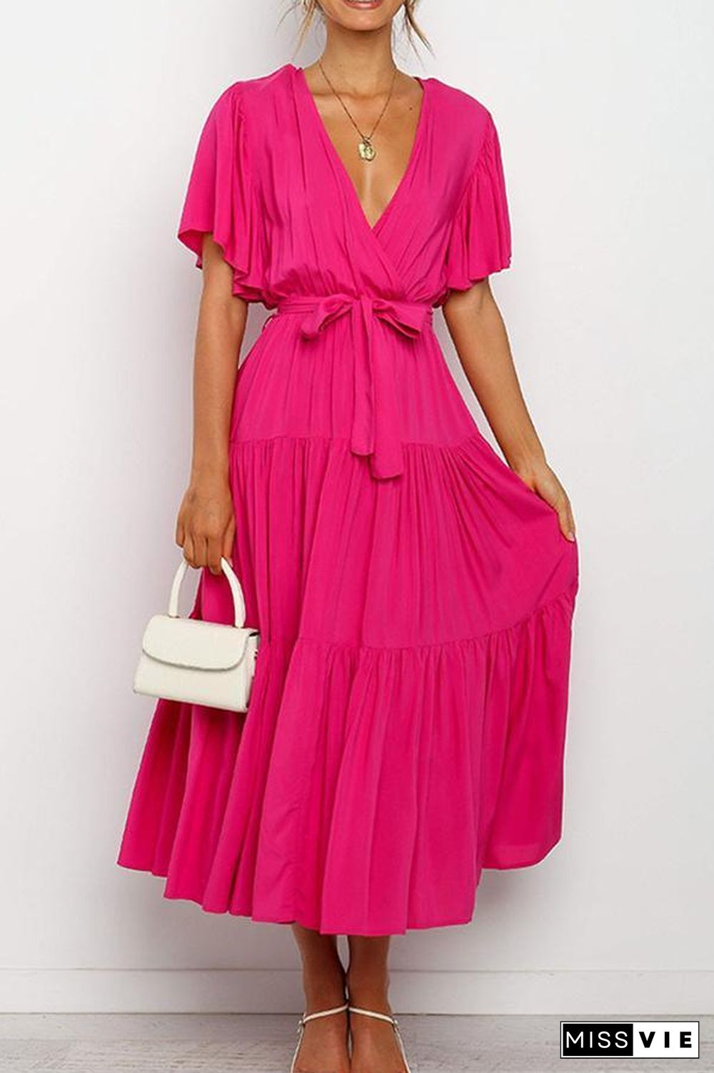 Ruffled Sleeve V-neck Tie Waist Maxi Dress P14492