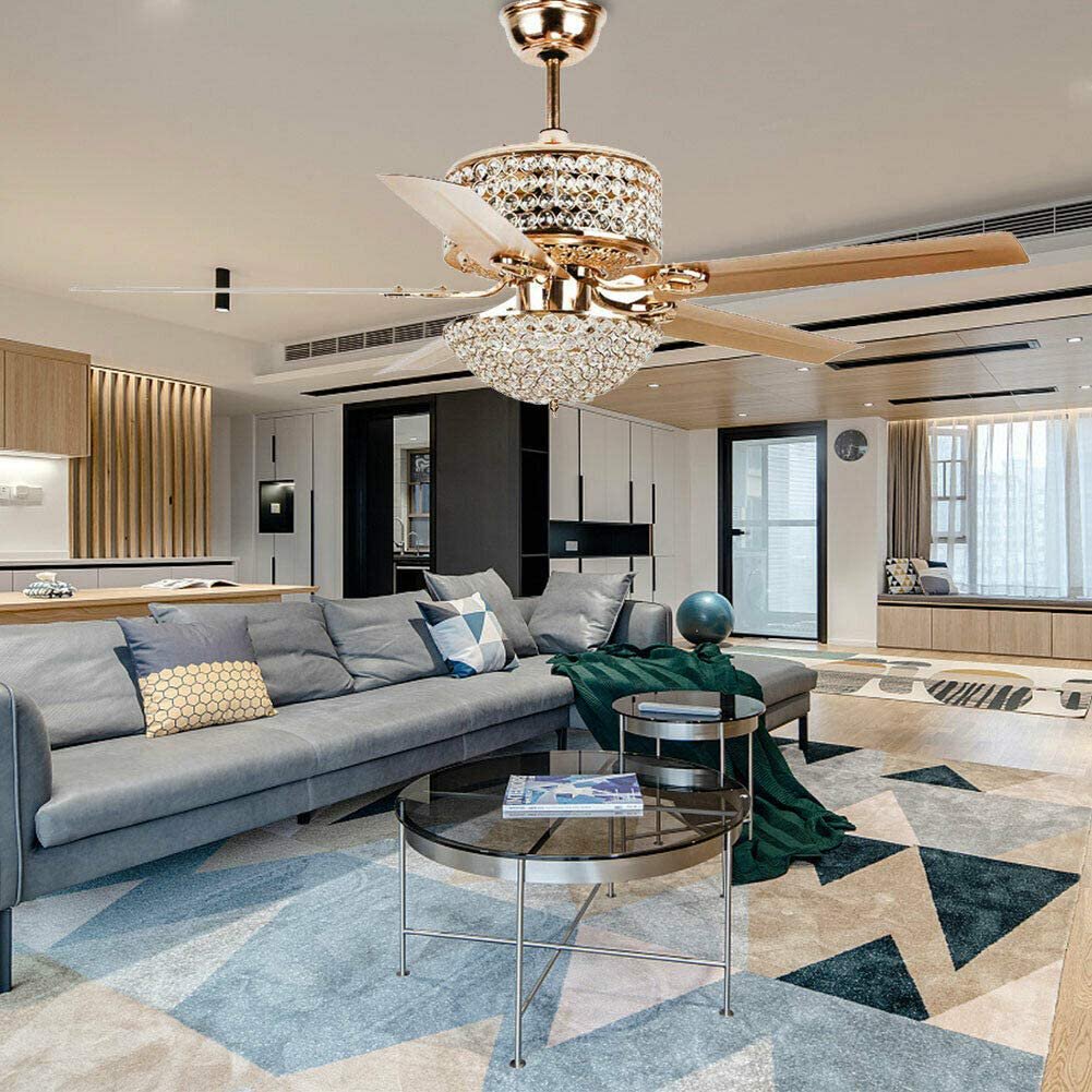 Anqidi 52 Inch Crystal Ceiling Fan Light Modern Gold Pendant Fan Lamp 5-Blades 3-Speed Ceiling Fan Chandelier with Remote