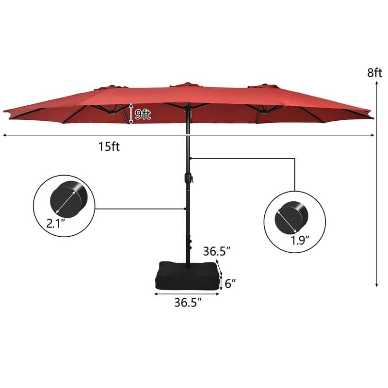 15FT Double-Sided Twin Patio Umbrella with Base & Crank System, Extra-Large Cantilever Market Umbrella