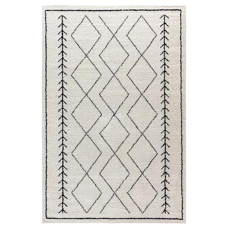 Merrick Lane 5' x 7' Ivory and Black Geometric Style Bohemian Shag Area Rug