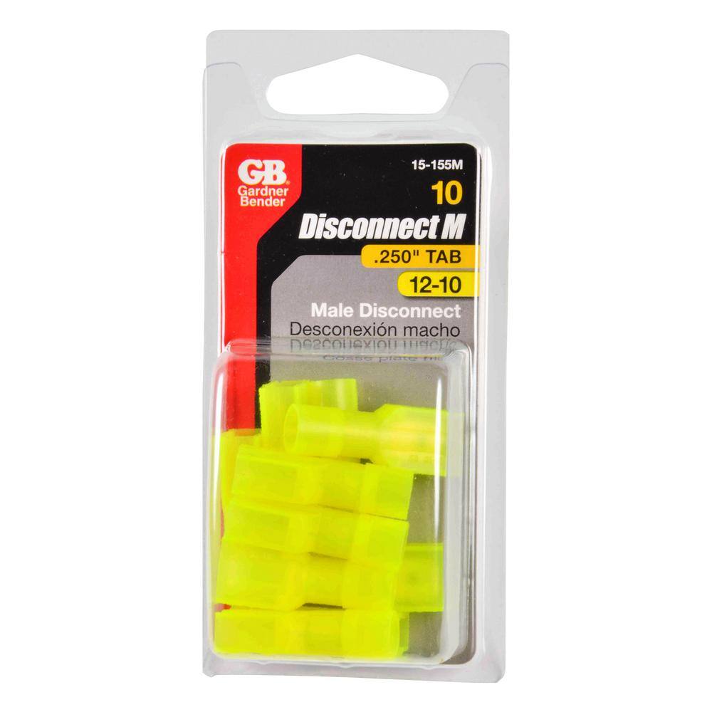 Gardner Bender 12 -10 AWG 0.25 in. Tab Male Fully-Insulated Disconnect Yellow (10-Pack) 15-155M