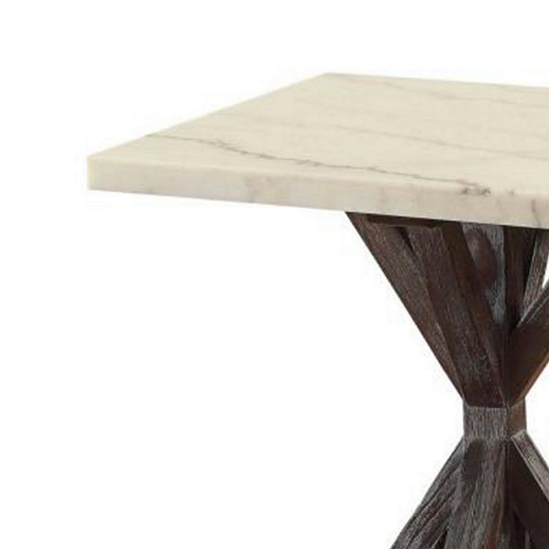 Marble Top End Table With Wooden Tri Pod Base， White And Espresso Brown