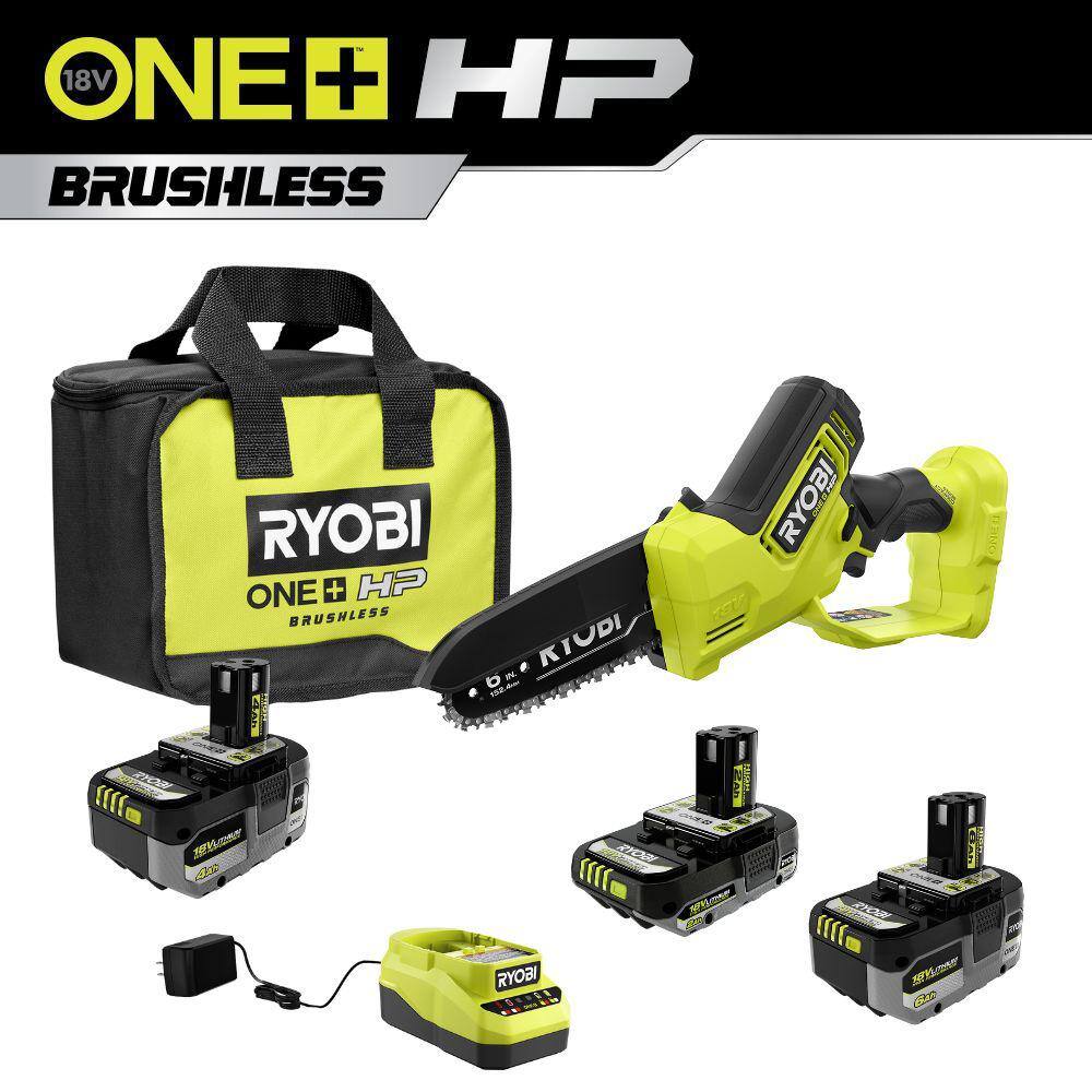 RYOBI ONE+ 18V Lithium-Ion 2.0 Ah 4.0 Ah and 6.0 Ah HIGH PERFORMANCE Batteries  Charger Kit w HP Brushless Pruning Saw PSK007-P25013BTLVNM