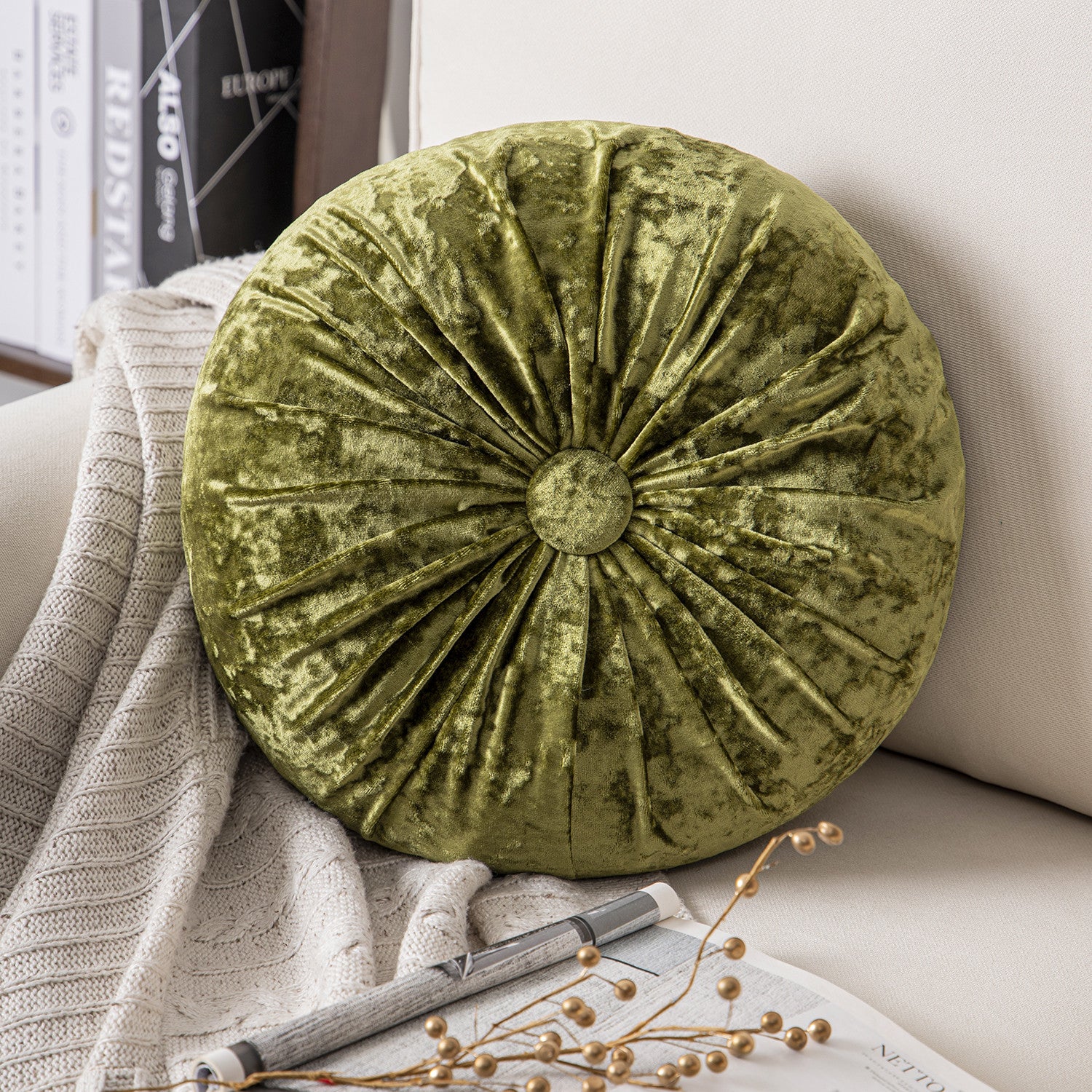 Phantoscope Pleated Velvet Handcrafted Round Pumpkin Throw Pillow for Floor, Sofa and Couch, 16