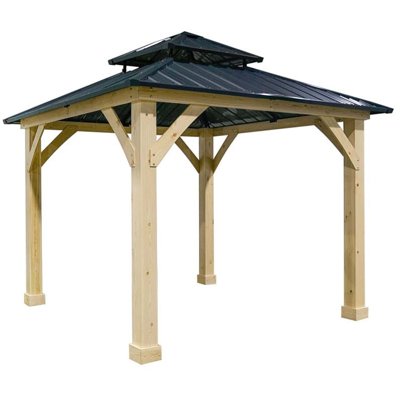 10 x 10 FT Outdoor Patio Hardtop Gazebo with Wood Frame & 2-Tier Metal Roof, All-Weather Gazebo Pergolas Shelter