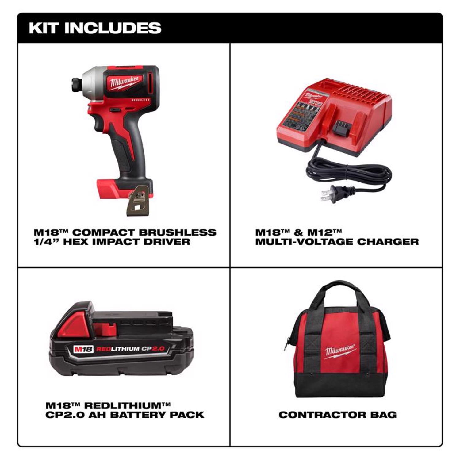 MW M18 18 V 1/4 in. Cordless Brushless Impact Driver Kit (Battery \u0026 Charger)