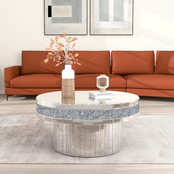 Round Coffee Table Mirrored Crushed Diamond Accent Living Room Table - 35