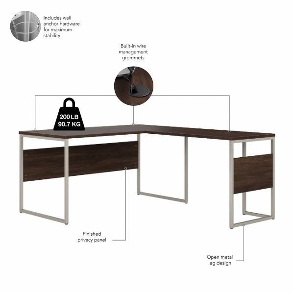 Bush Business Furniture Hybrid 60W x 30D L Shaped Table Desk with Metal Legs in Black Walnut