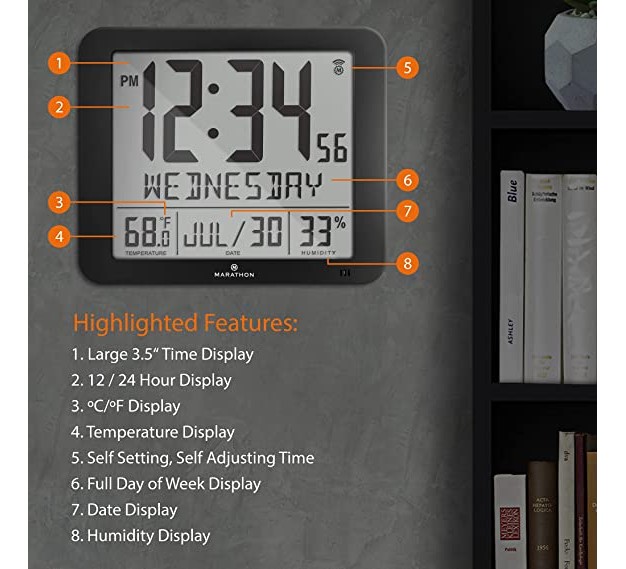 Marathon Slim Atomic Sleek And Stylish Wall Clock With Full Calendar Display Temperature amp Humidity