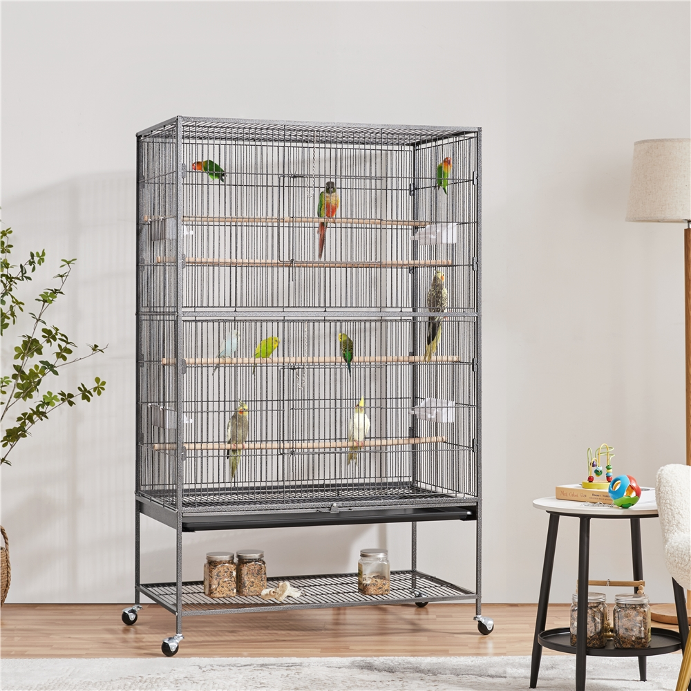 Topeakmart 60.5″H Extra-Large Wrought Iron Parrot Cage with Stand for Small/Medium-Sized Birds Conures Parakeets Cockatiels， Black