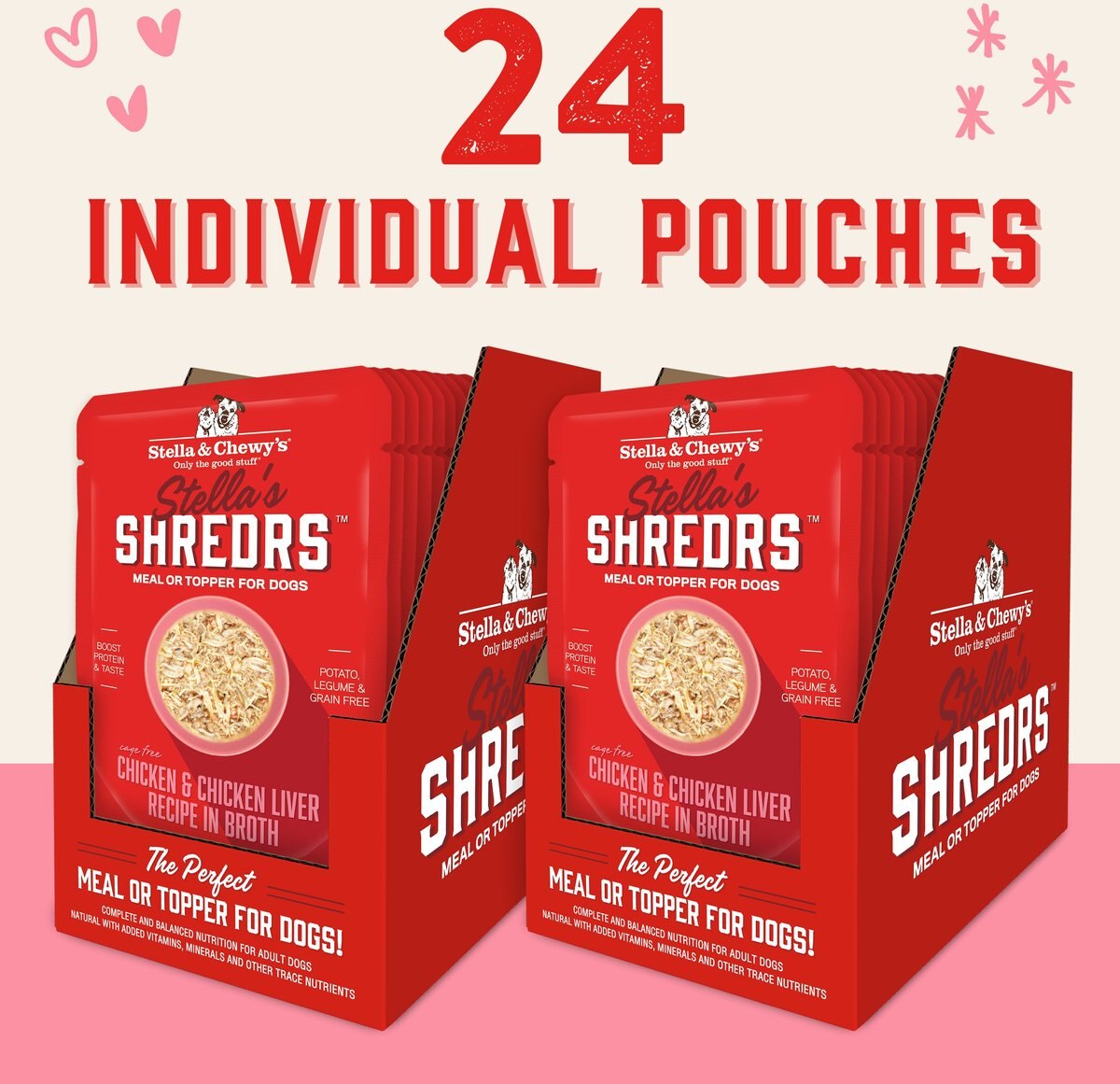 Stella and Chewy's Stella’s Shredrs Cage Free Chicken and Chicken Liver Recipe in Broth Adult Wet Dog Food， 2.8-oz pouch， case of 24