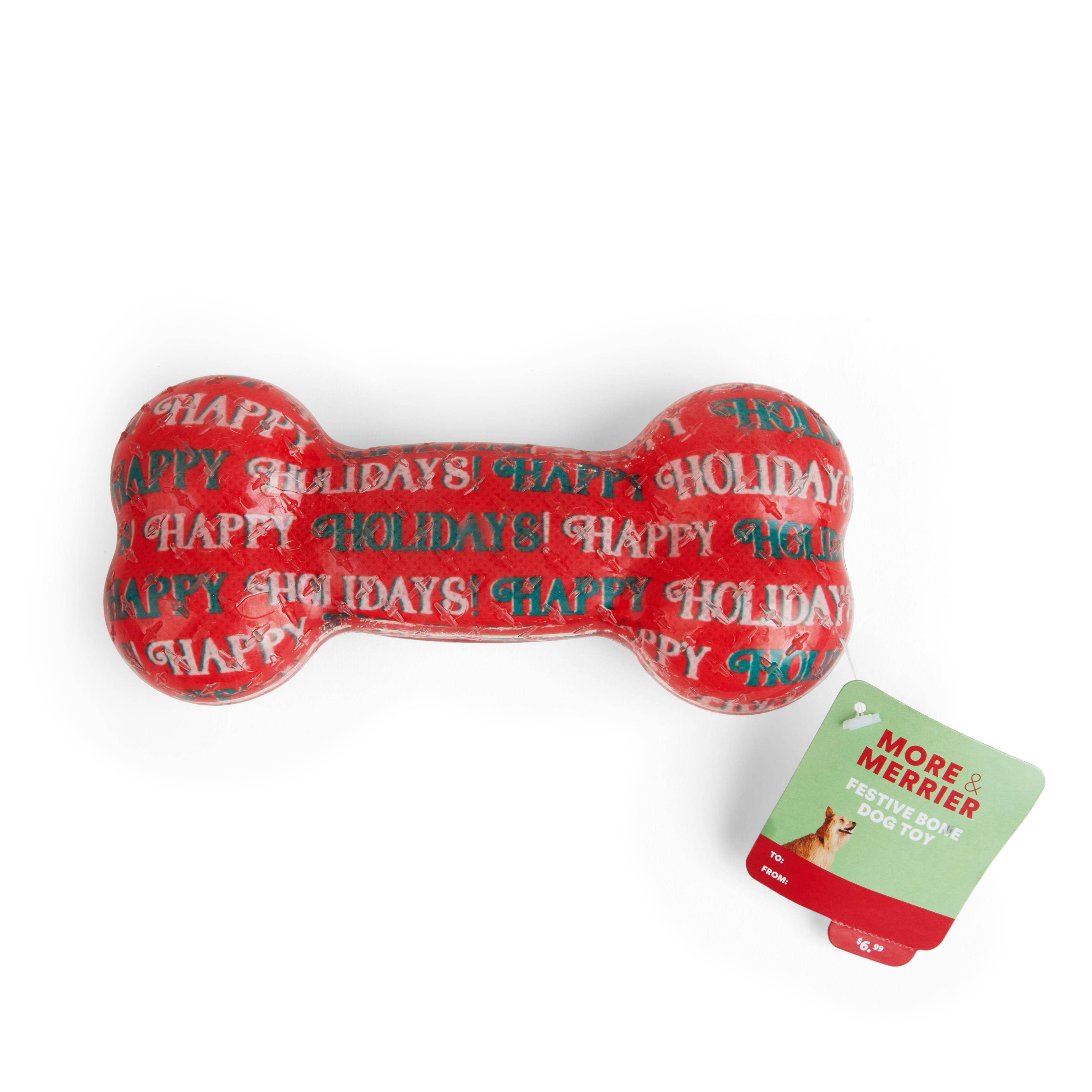 MORE AND MERRIER TPR Happy Holidays Bone Dog Toy， Small