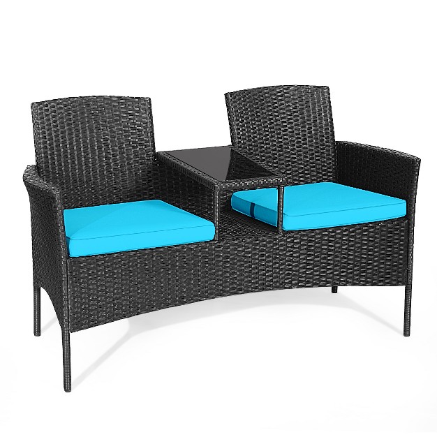 Tangkula Outdoor Rattan Furniture Wicker Patio Conversation Chair W cushions Turquoise