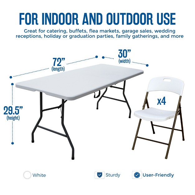 Plastic Development Group 806 Outdoor indoor 6 Foot Fold In Half Plastic Resin Folding Banquet Dining Card Table With 4 Folding Chairs