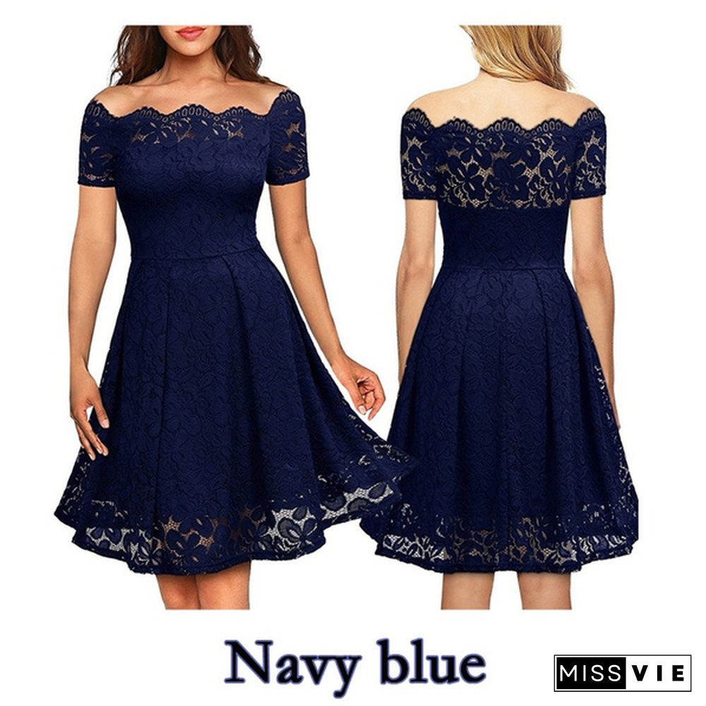 New Fashion Women Off Shoulder Slim Fit Lace Dress Elegant Strapless Short Sleeve Cutout Party Dresses Solid Color Back Swing Mini Dresses Evening Gowns Prom Dress