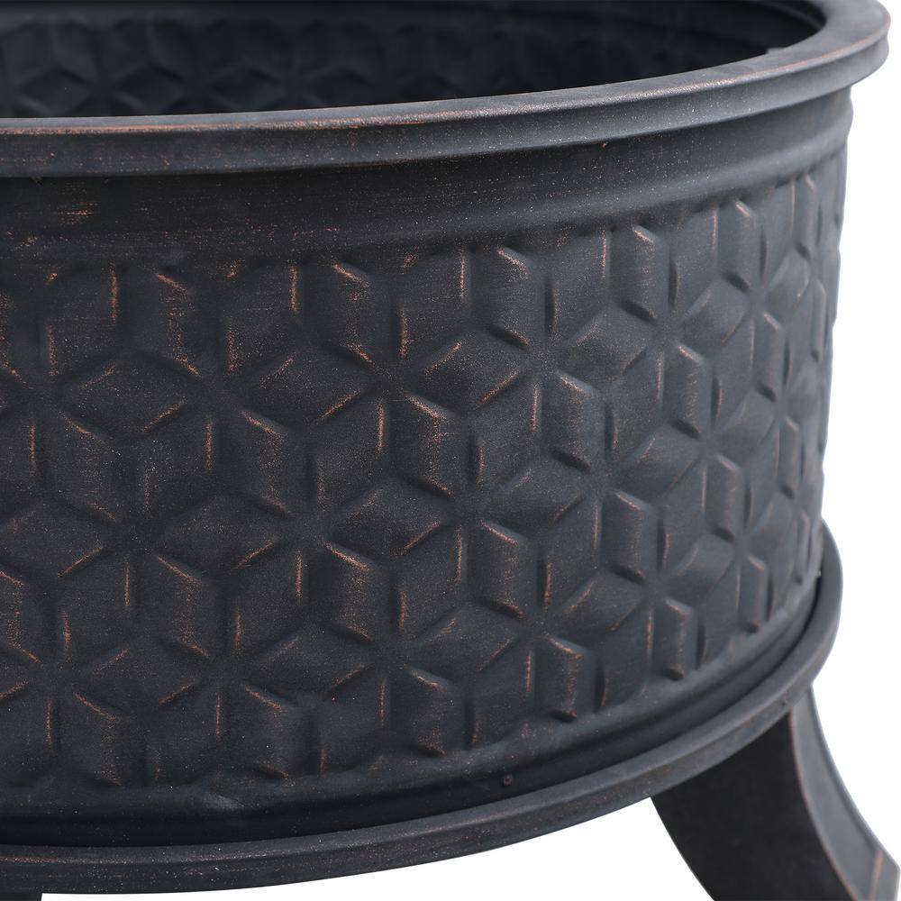 PHI VILLA 26.4 in. Antiqued Pattern Round Metal Fire Pit THD-E02GS005