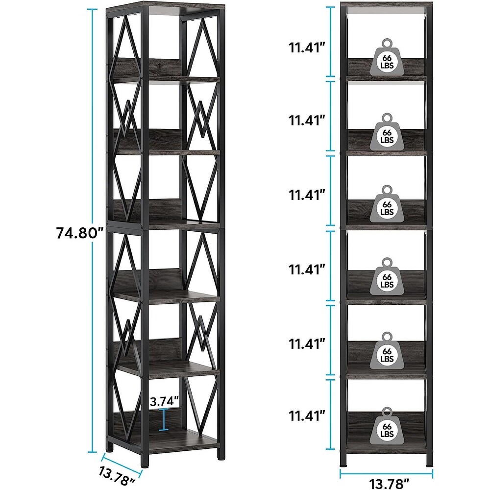 75 Inches Tall Narrow Bookcase with Heavy Duty Metal Frame