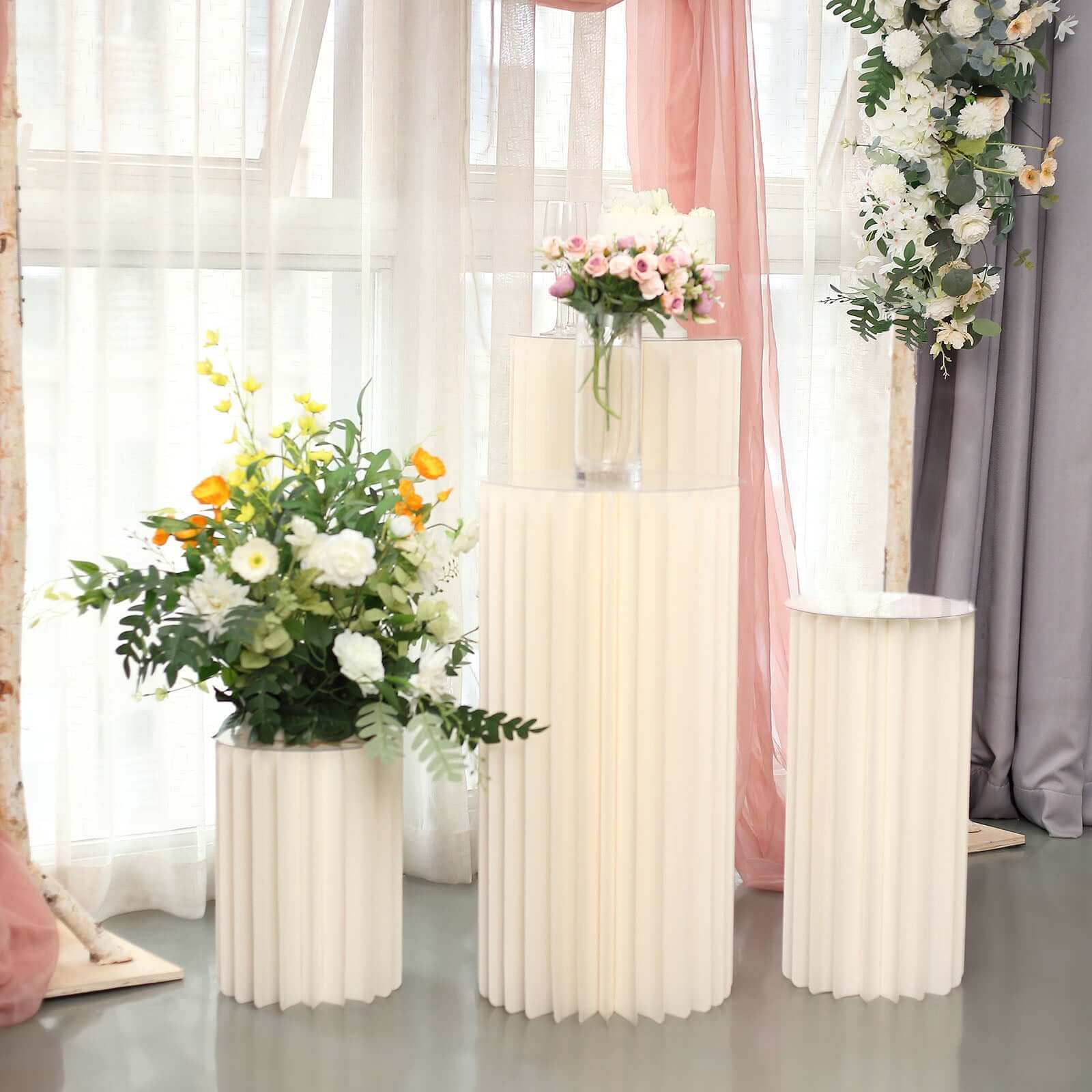 Ivory Cylinder Pillar Pedestal Stand, Display Column Stand With Top Plate 40